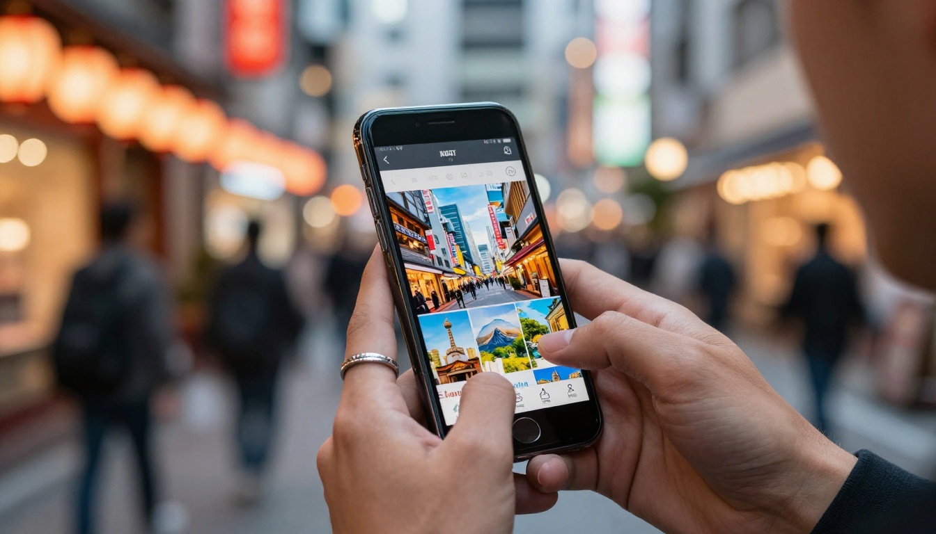 Hands holding smartphone with travel lookbook against Tokyo street bokeh at night