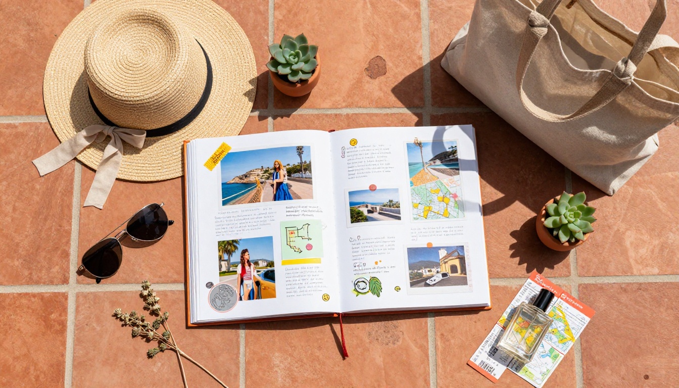 Aerial flat-lay of open travel lookbook on terracotta tiles surrounded by travel accessories