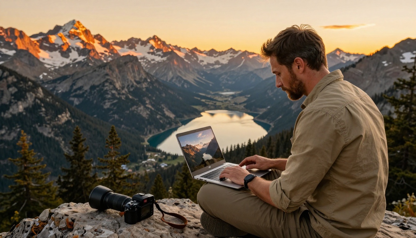 Professional photographer on alpine mountain overlook reviewing travel shots on laptop at golden hour