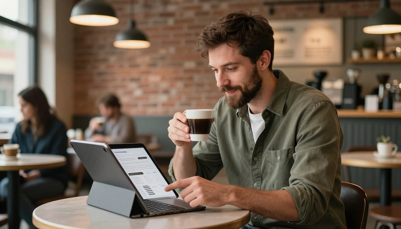 Small business owner reviewing a digital catalog flipbook on an iPad at a coffee shop