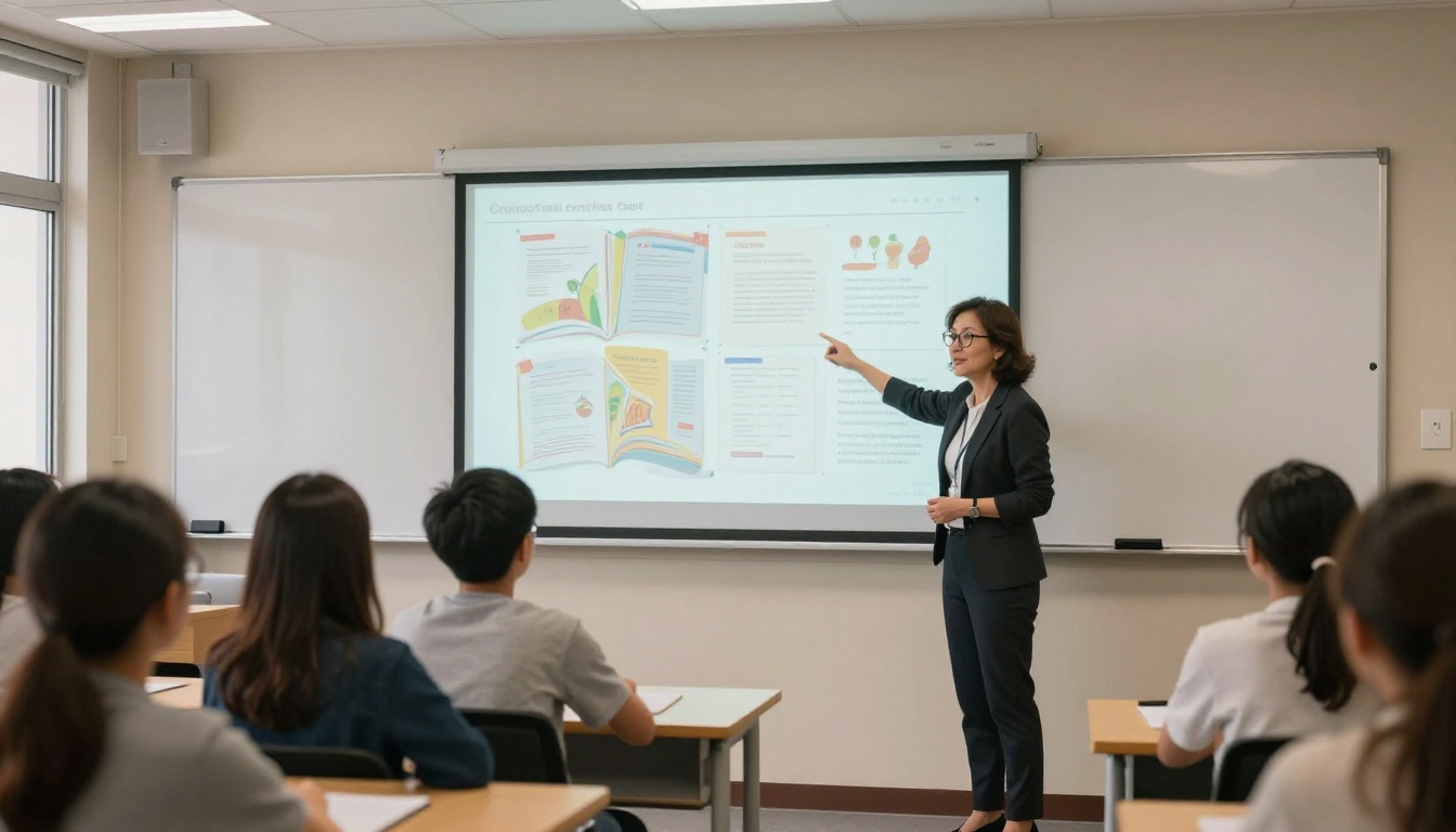 Female teacher showing a digital flipbook to students on a classroom projector