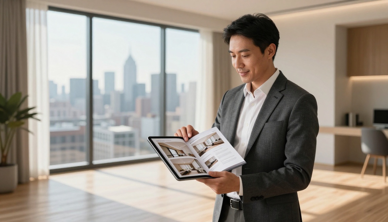 Real estate agent presenting a digital property brochure flipbook on a tablet