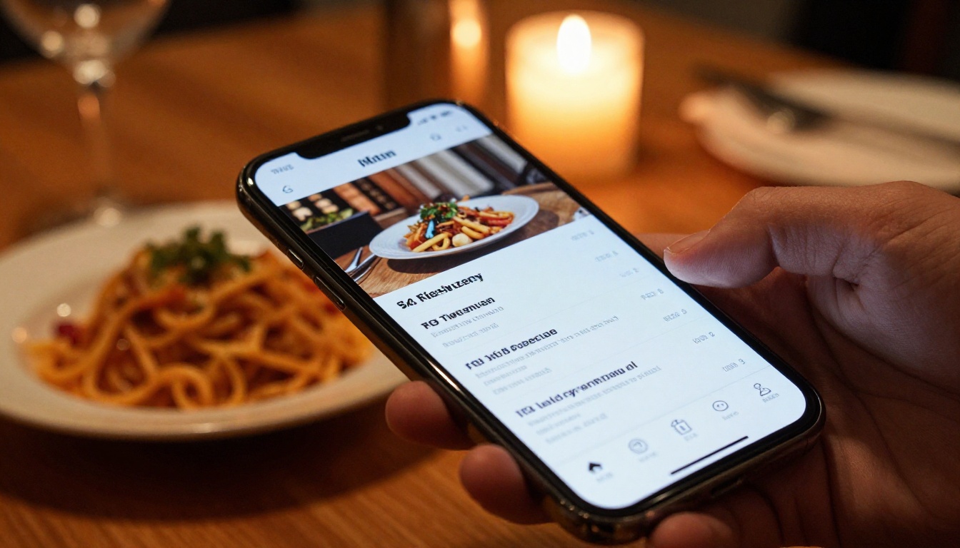 Close-up of a smartphone showing a restaurant menu as an interactive flipbook on a dining table