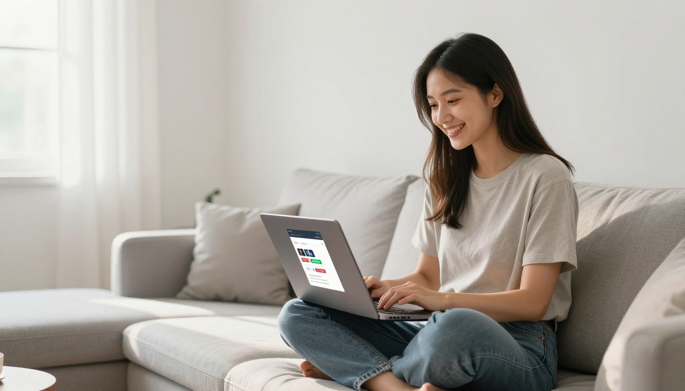 Woman sharing a flipbook from her laptop on a living room sofa
