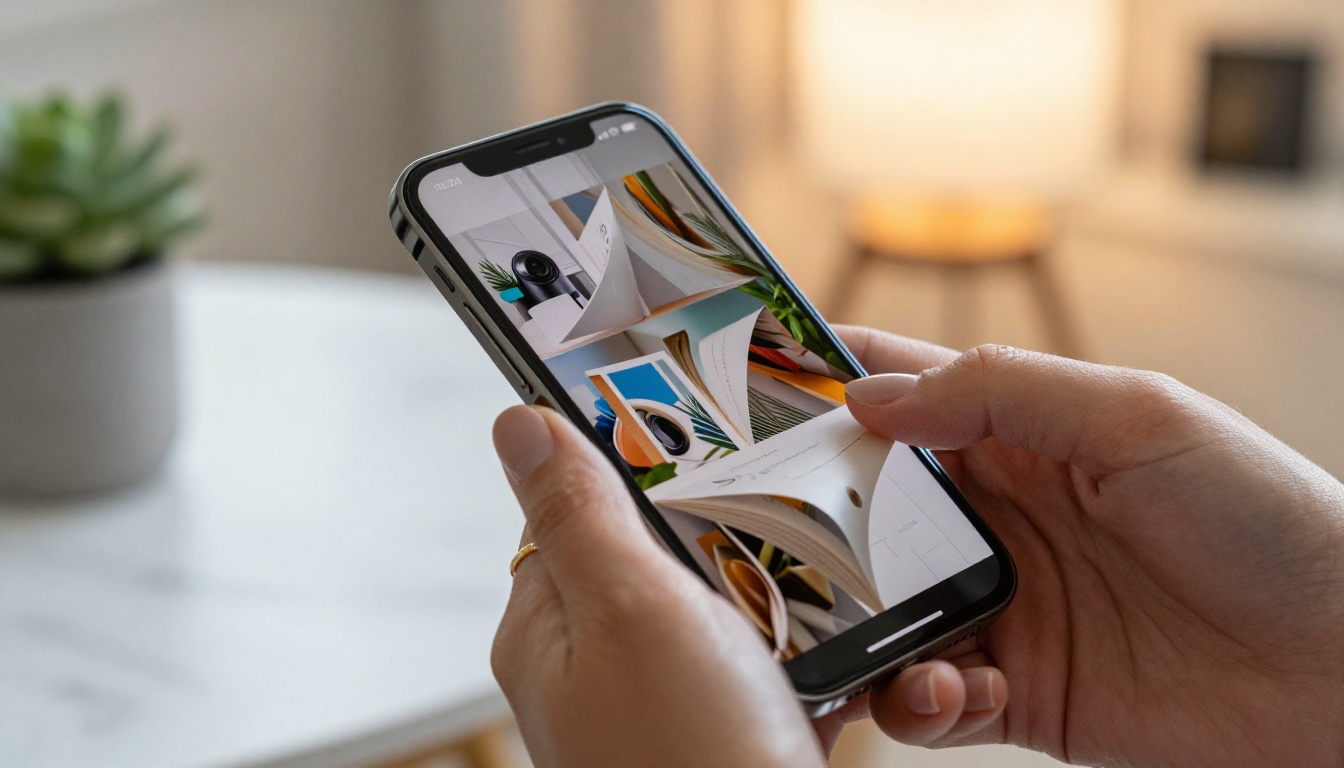 Woman's hands holding iPhone displaying a mid-page-turn digital flipbook with crisp vivid photography