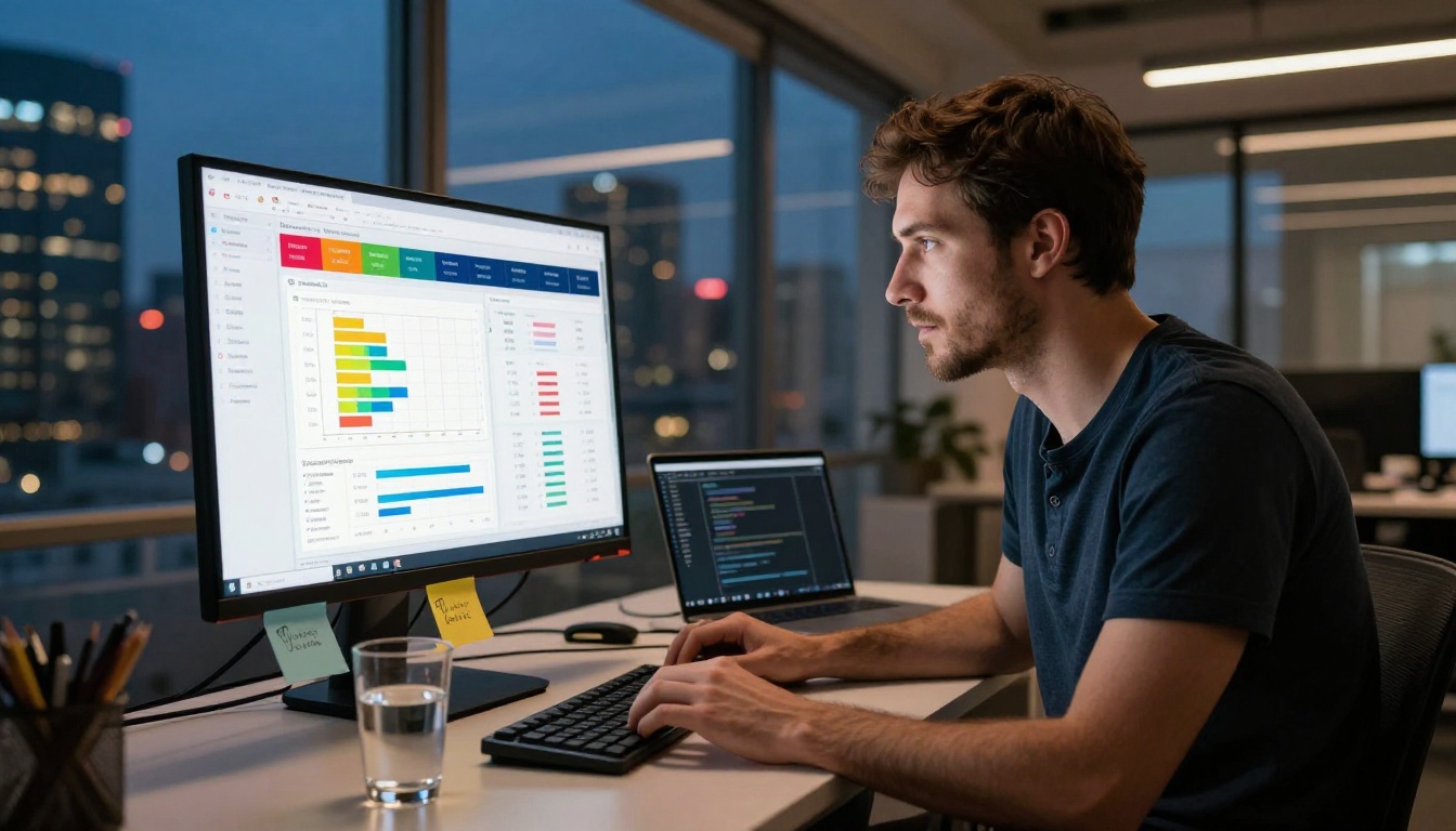 Male UX designer leaning toward a large monitor showing a detailed analytics dashboard with page heatmaps and reader retention charts