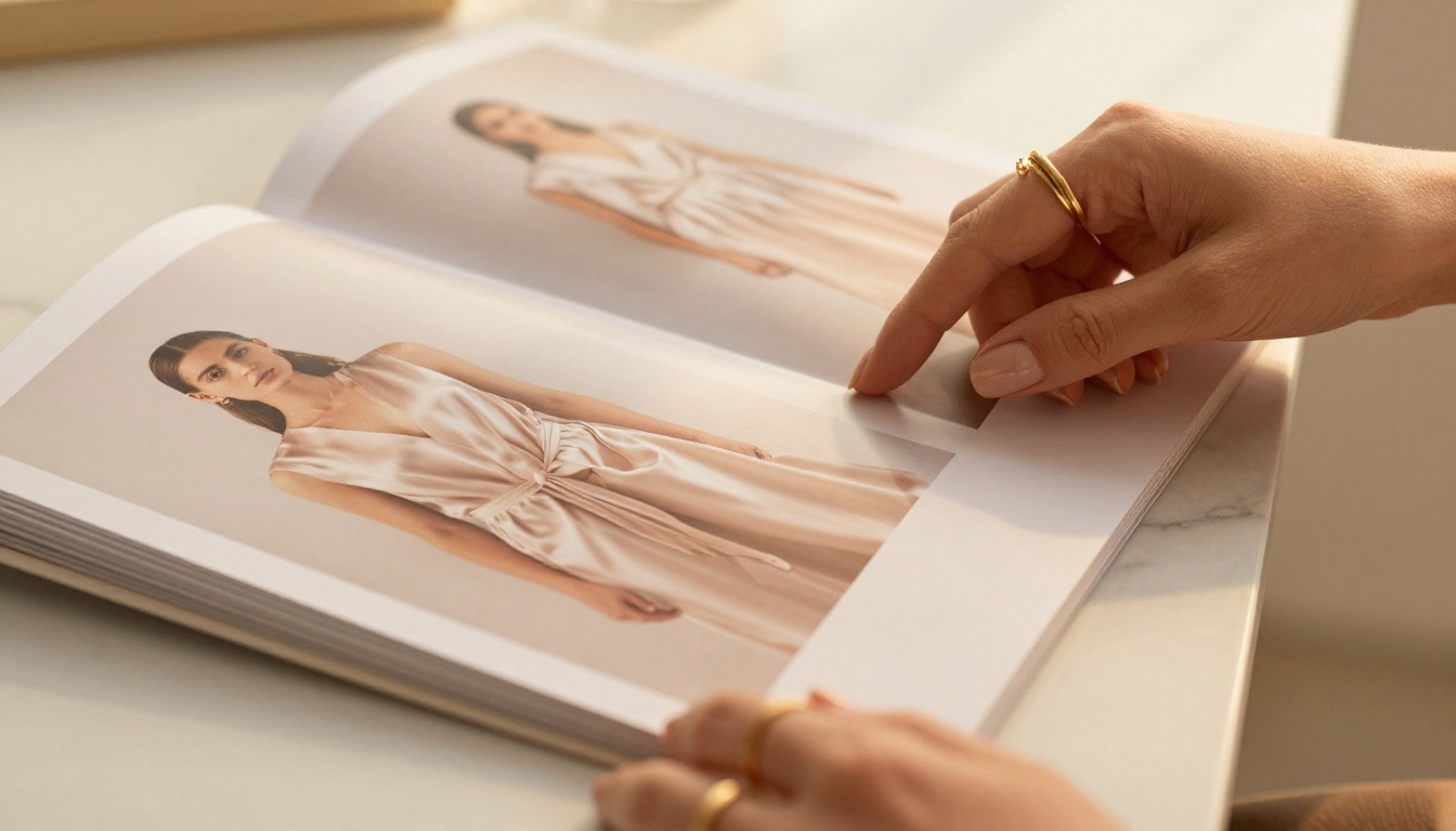 Fashion catalog pages being flipped by elegant hands on a marble desk