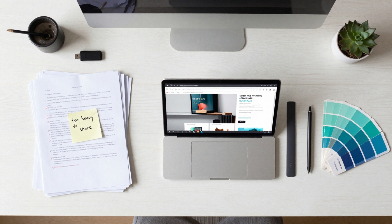 PDF vs Flipbook desk comparison showing printed documents beside a digital flipbook on MacBook