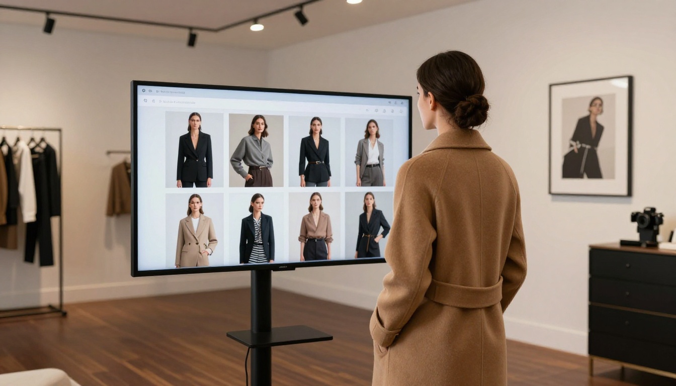 Boutique owner viewing an interactive digital lookbook on a large touchscreen display