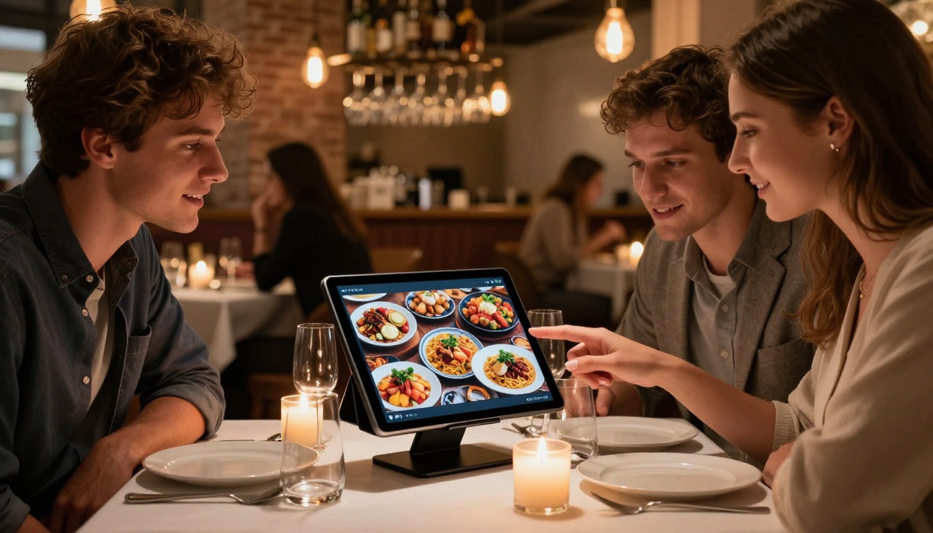 Young couple at a candlelit upscale restaurant reviewing a digital menu displayed as an interactive flipbook on an elegant tablet stand Young couple at a candlelit upscale restaurant reviewing a digital menu displayed as an interactive flipbook on an elegant tablet stand