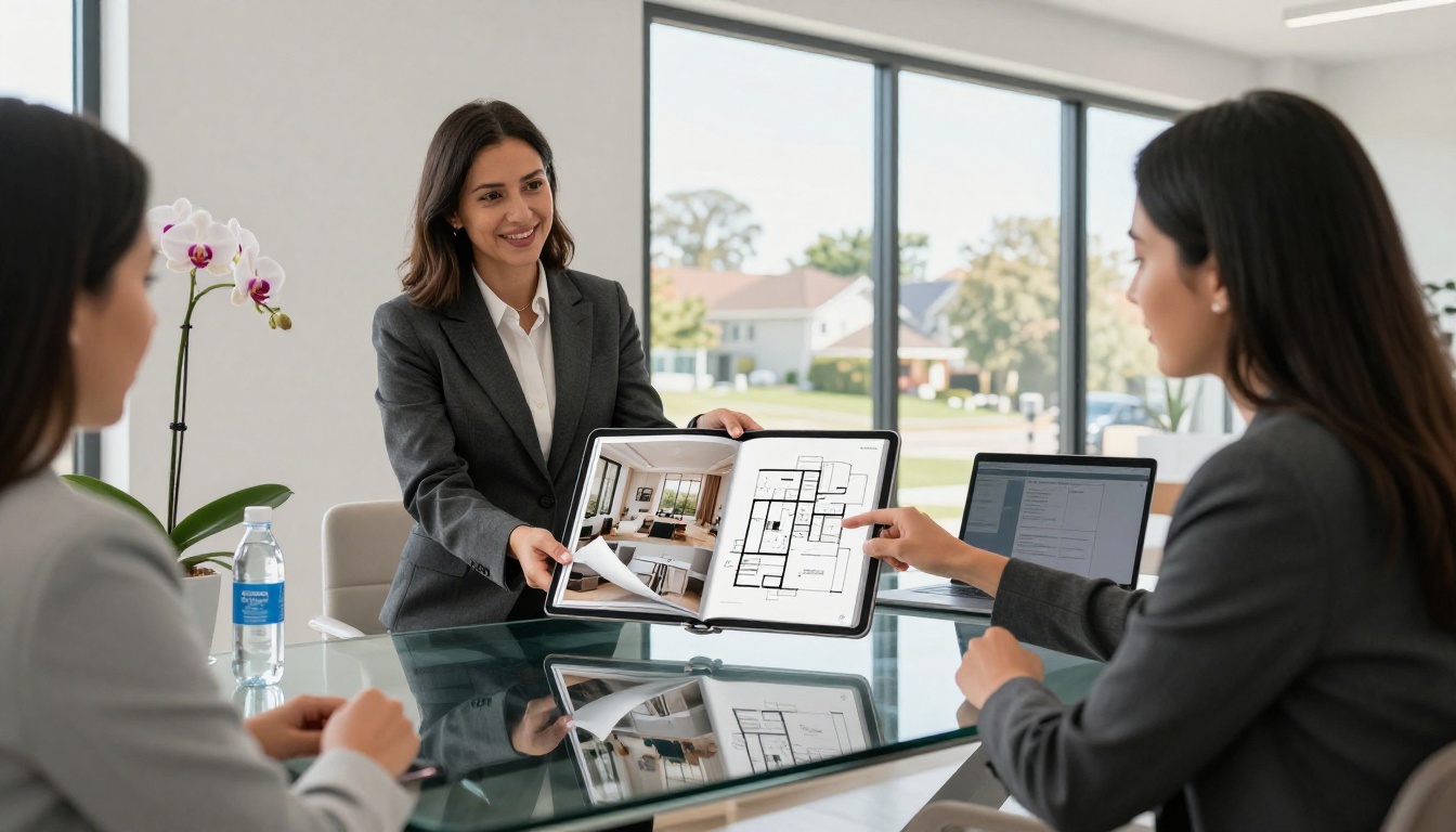 Professional female real estate agent showing an interactive property brochure flipbook on iPad Pro to clients at a glass conference table