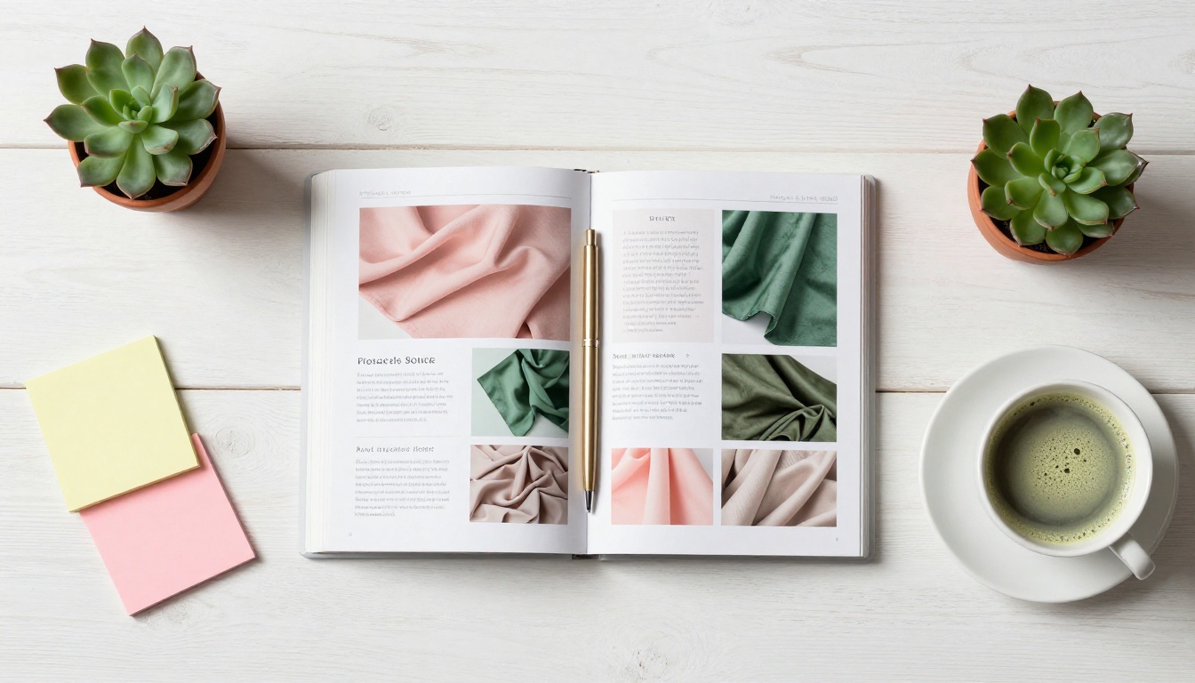 Aerial flatlay of MacBook showing a digital fashion catalog surrounded by fabric swatches and styling tools