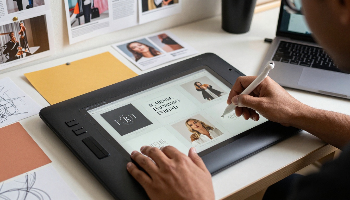 Graphic designer's hands at a drafting table holding a stylus over a Wacom tablet while reviewing a brand portfolio flipbook on a MacBook Pro Graphic designer's hands at a drafting table holding a stylus over a Wacom tablet while reviewing a brand portfolio flipbook on a MacBook Pro