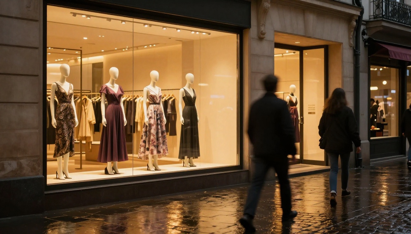 Fashion boutique window display glowing with warm amber light at dusk on a cobblestone street