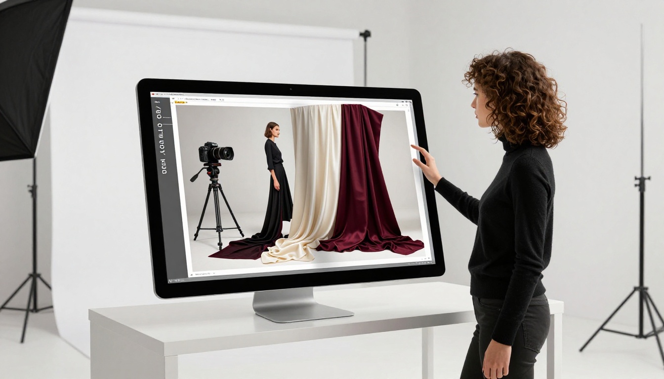 Female art director in a photography studio reviewing a luxury fashion lookbook flipbook on a large iMac, one hand raised in assessment