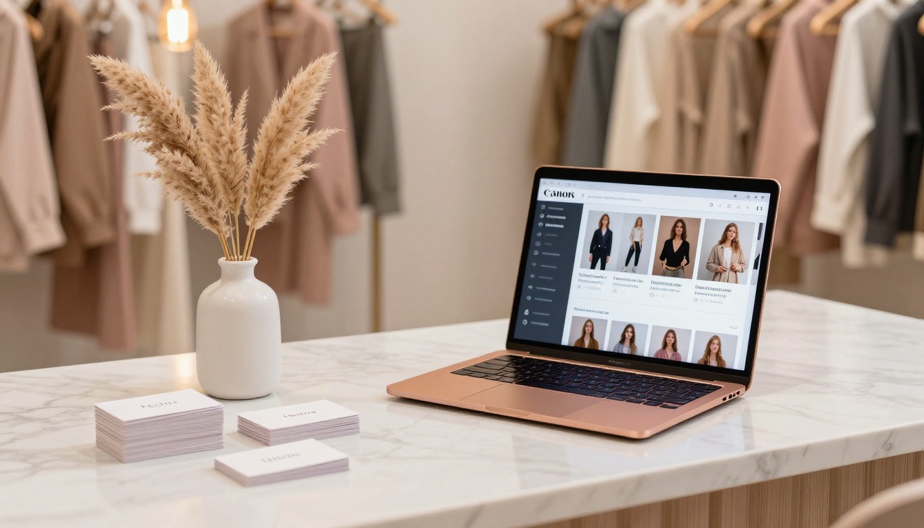 Boutique checkout counter with rose gold laptop showing a digital catalog, pampas grass vase and branded business cards