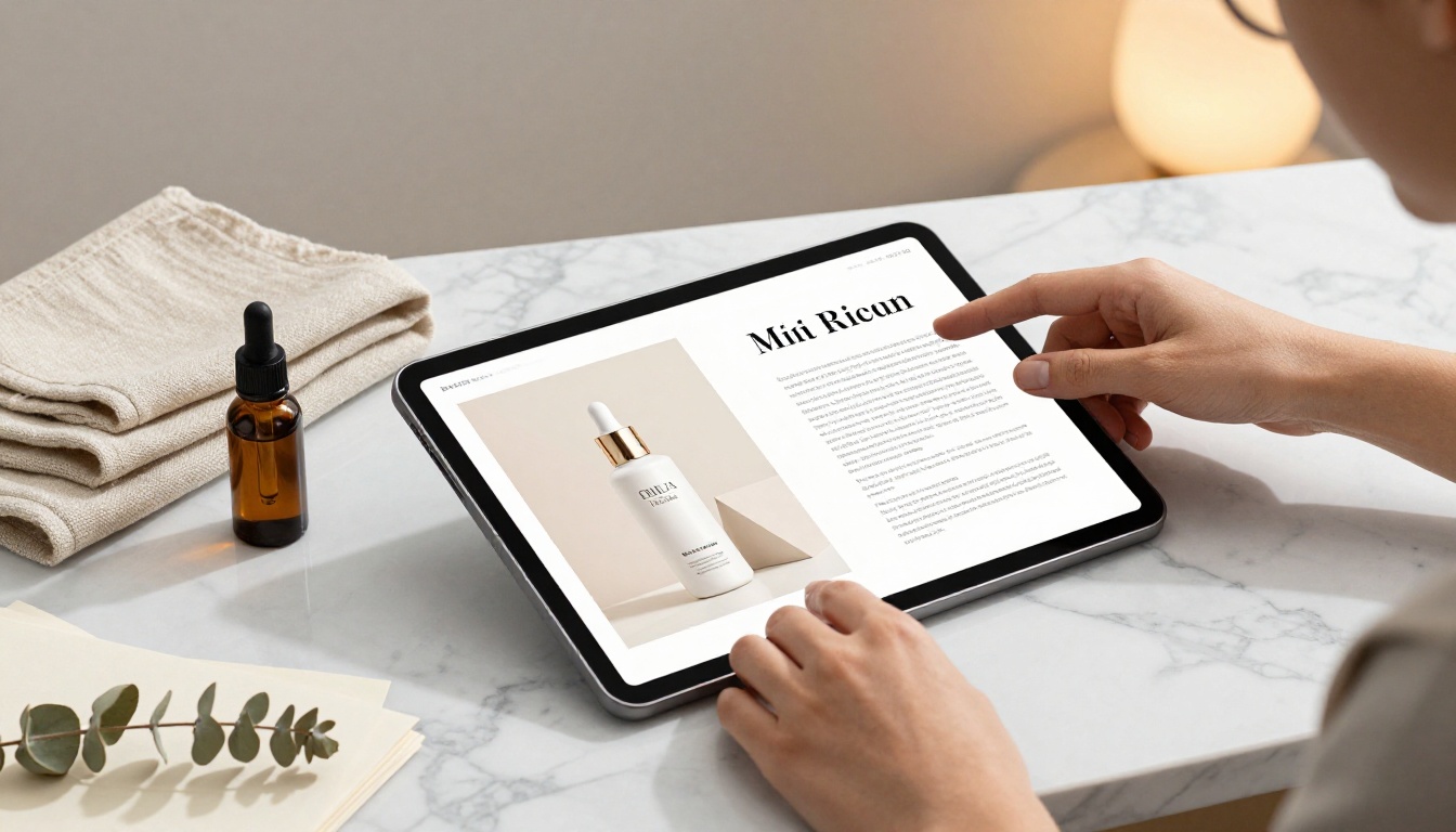 Product photographer's hands arranging luxury skincare on a marble surface beside an open iPad showing a product catalog flipbook page mid-turn Product photographer's hands arranging luxury skincare on a marble surface beside an open iPad showing a product catalog flipbook page mid-turn