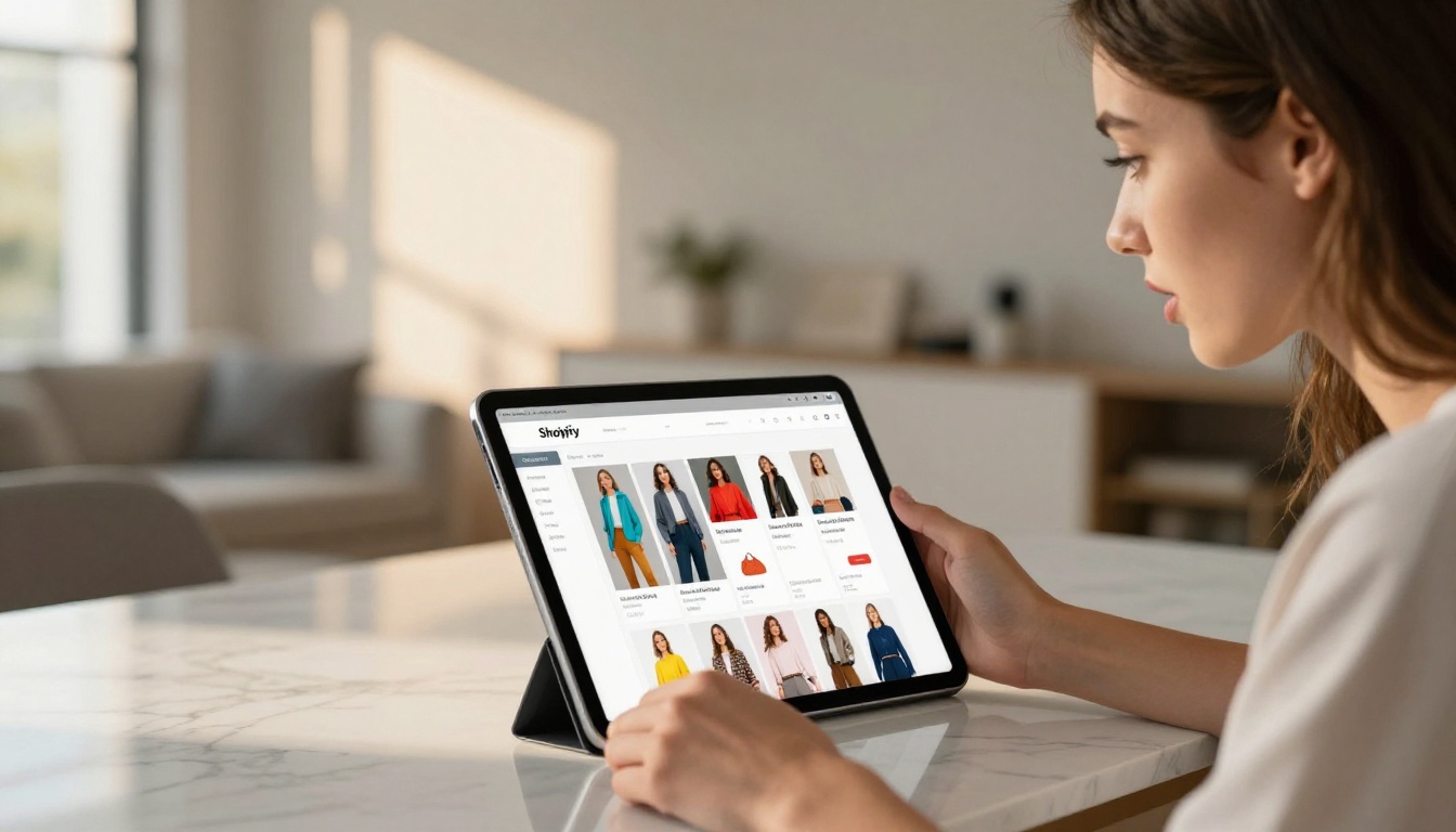 Woman browsing Shopify store with embedded product catalog flipbook on tablet
