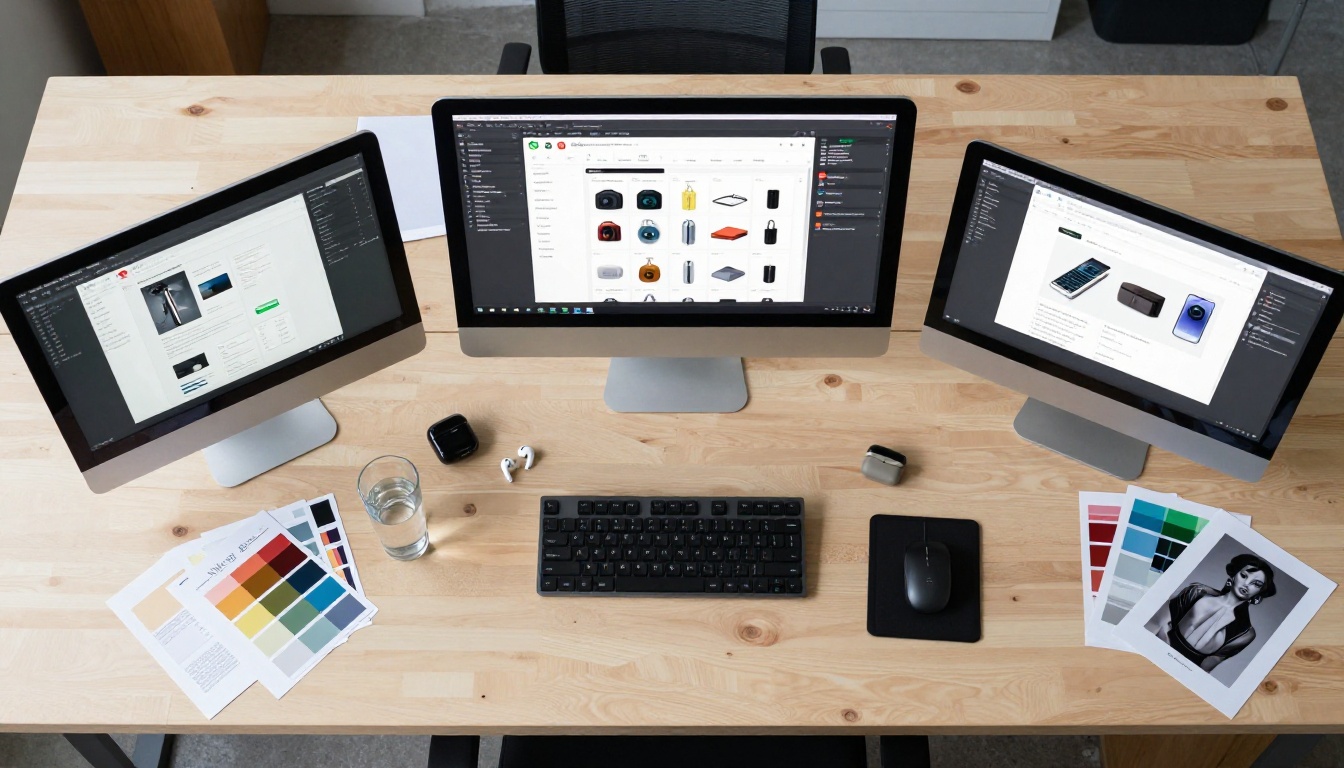Aerial flat-lay of creative agency workspace with three screens showing Shopify and catalog flipbook