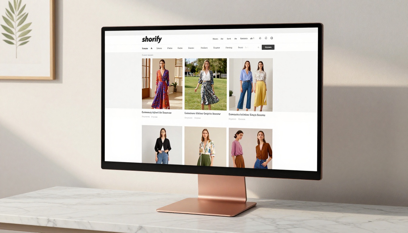 Fashion e-commerce Shopify store showing embedded lookbook flipbook on ultrawide monitor