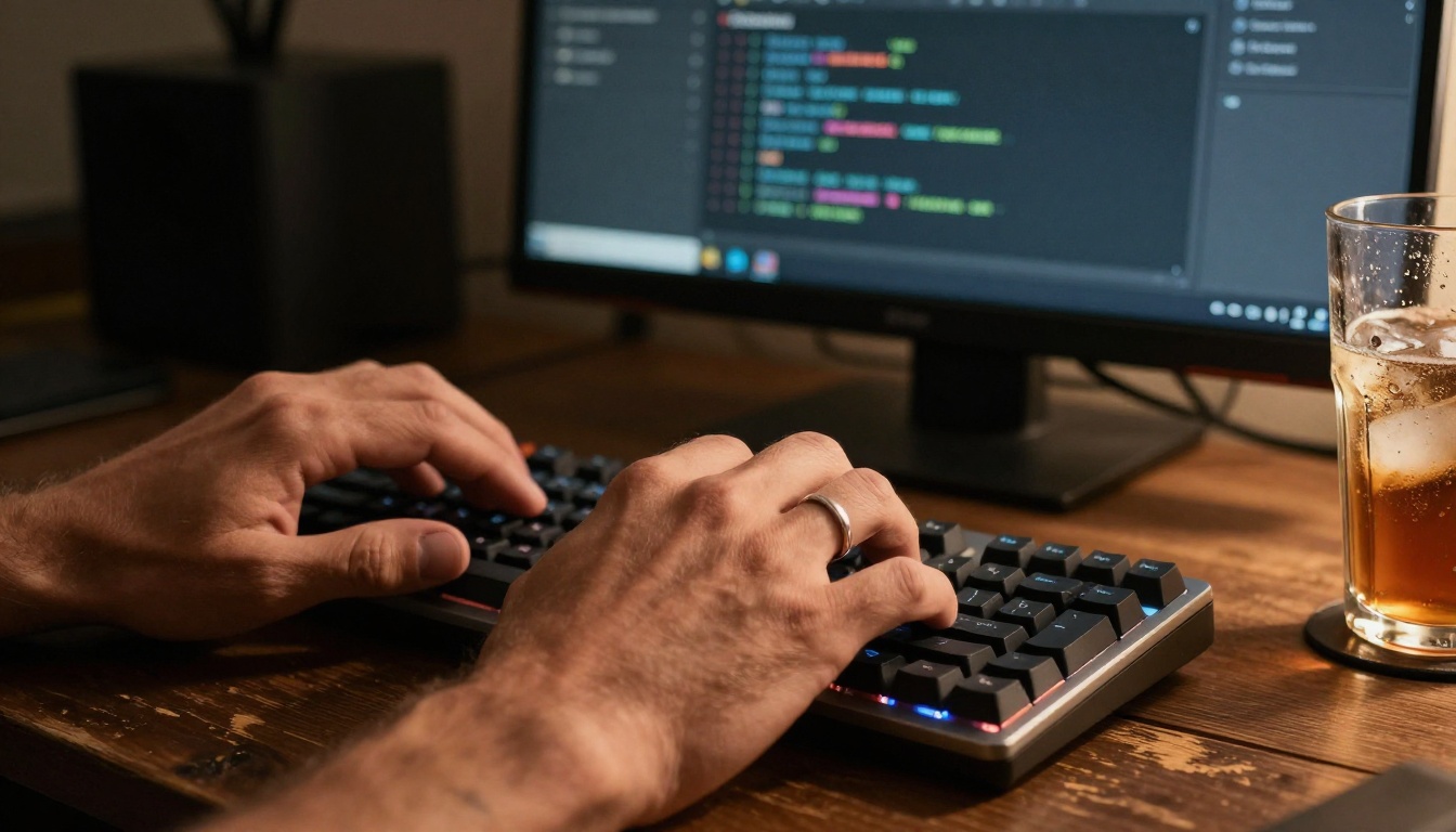 Man's hands typing embed code on mechanical keyboard with Shopify theme editor visible in background