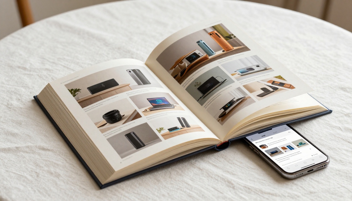 Open product catalog flipbook on white linen table beside smartphone showing the same page digitally