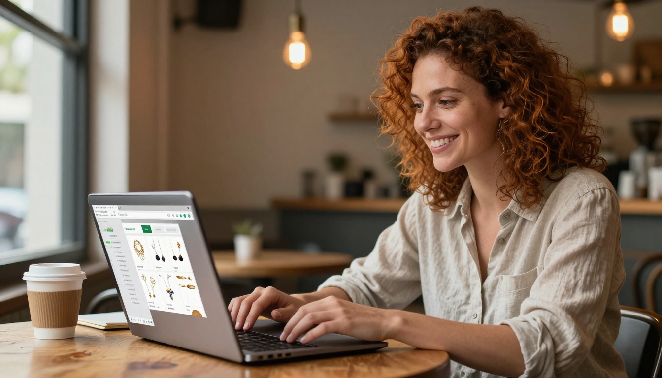 Female small business owner at cafe with Shopify analytics and embedded jewelry catalog flipbook on laptop