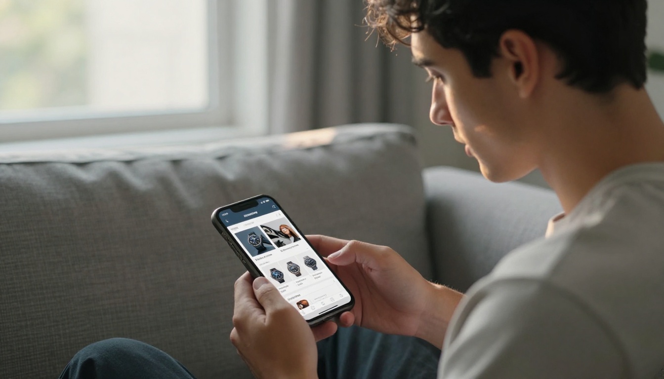Young man browsing luxury product catalog flipbook on smartphone sitting on minimalist linen sofa