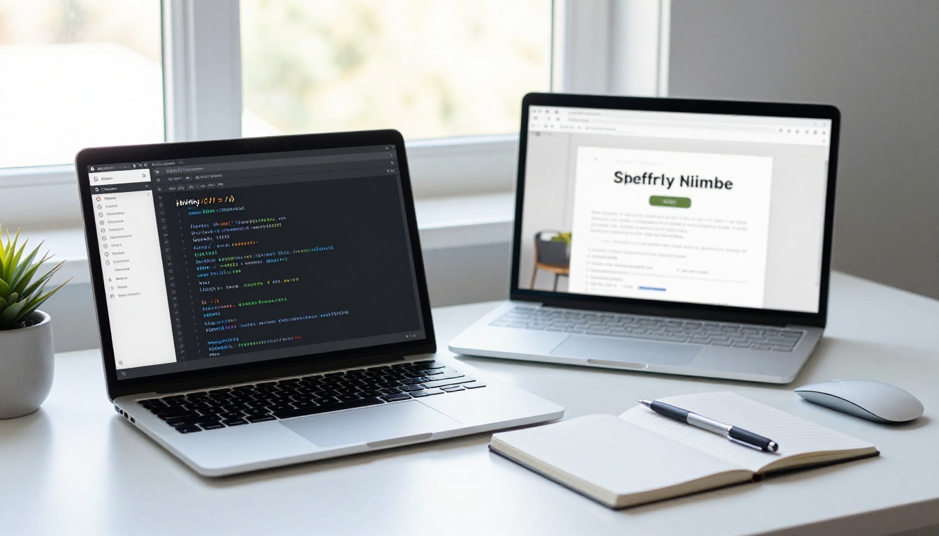 Clean MacBook setup with Shopify theme editor open showing live preview with embedded flipbook