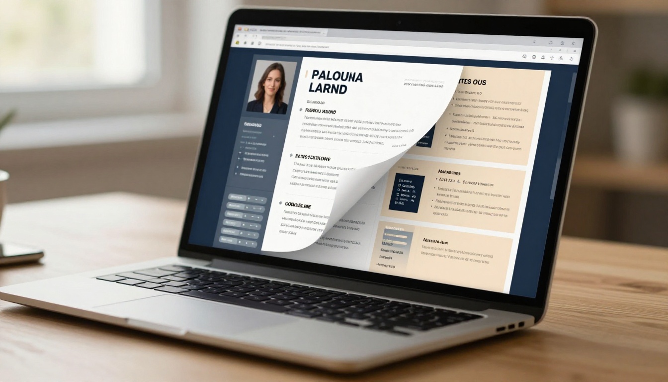 Interactive flipbook resume displayed on a laptop screen with page-turn effect Interactive flipbook resume displayed on a laptop screen with page-turn effect