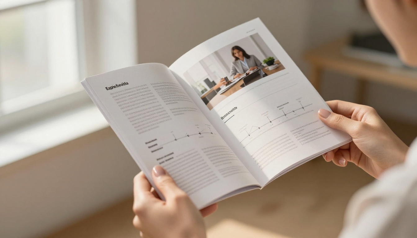 Professional holding a matte portfolio booklet with clean typographic layout Professional holding a matte portfolio booklet with clean typographic layout