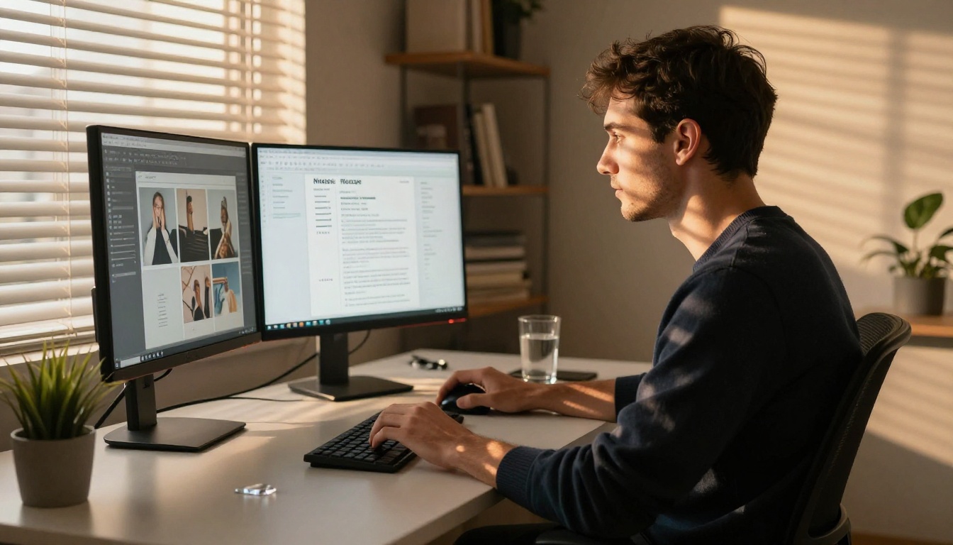 Young professional designing a resume on a dual-monitor setup in home office Young professional designing a resume on a dual-monitor setup in home office
