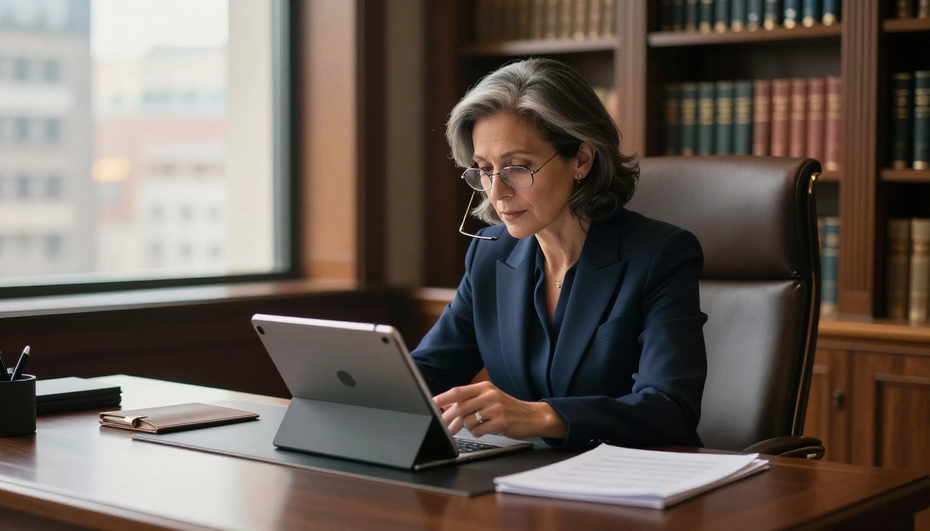 Hiring manager at executive desk reviewing a digital flipbook on a tablet with interest