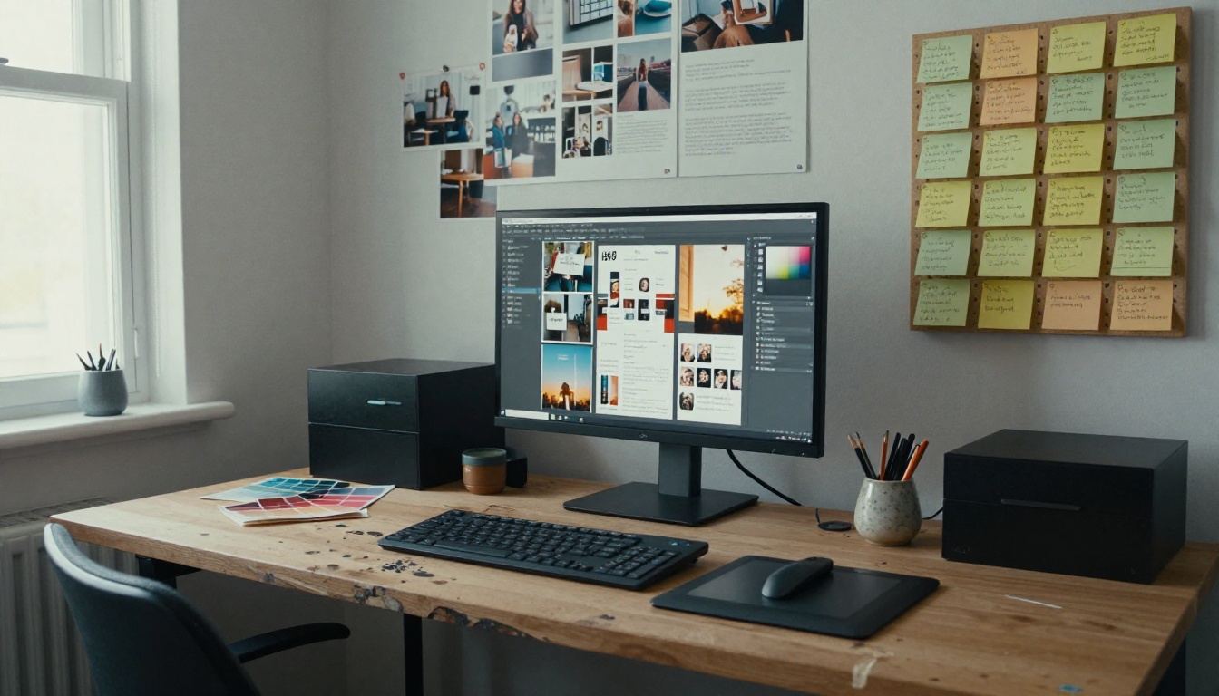 Professional creative workspace with design tools, drawing tablet, and color swatches