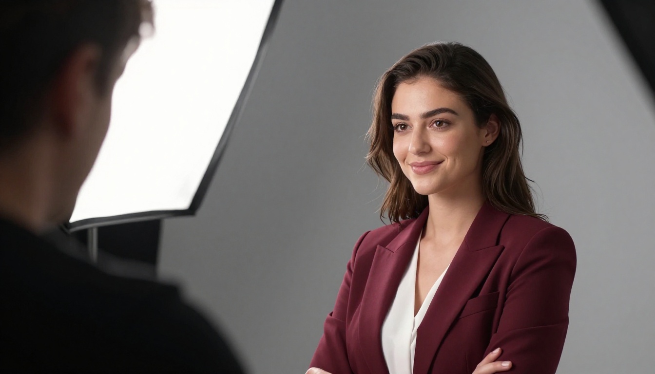 Professional headshot photography session with studio lighting and burgundy blazer