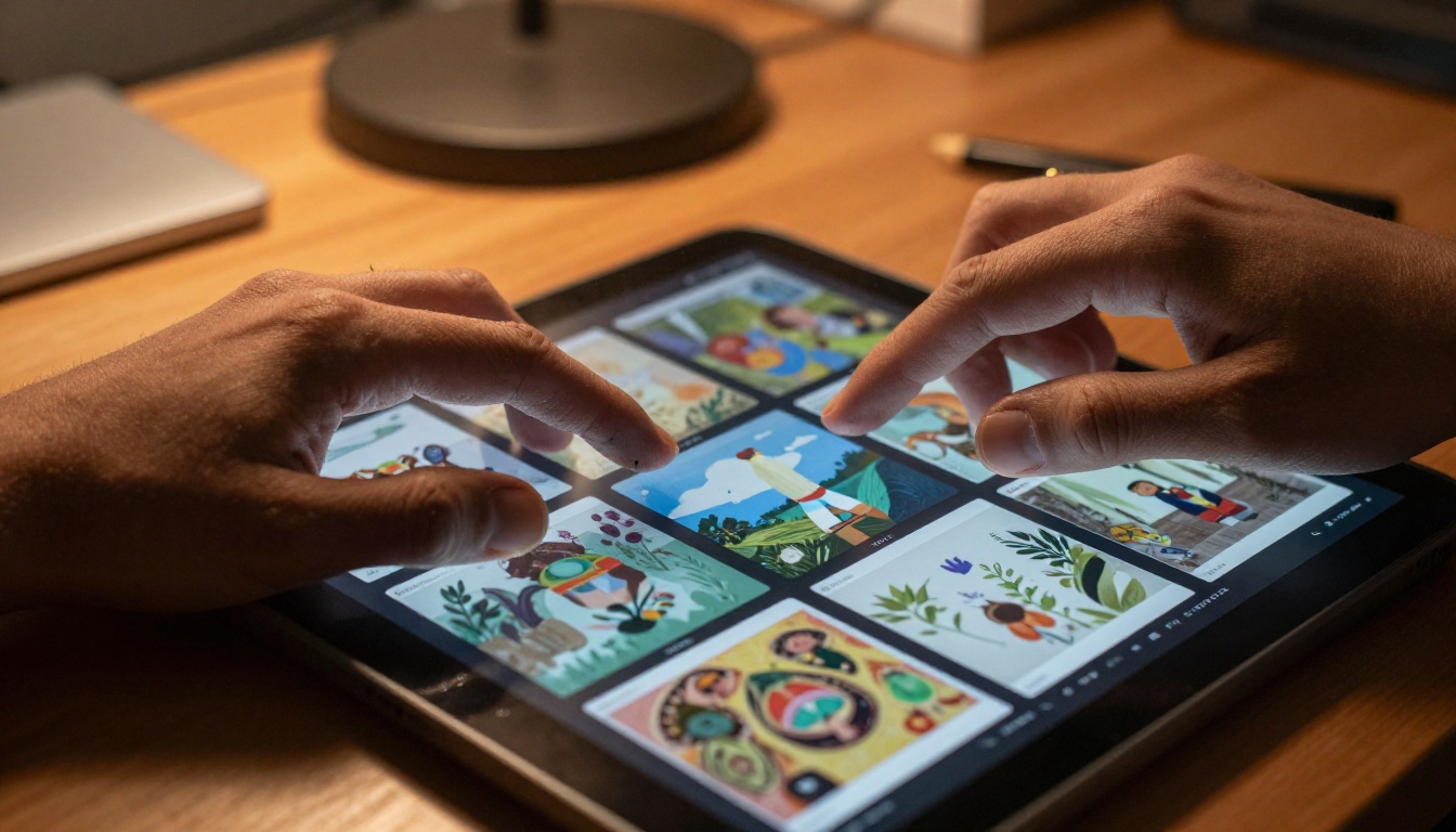 An artist's hands turning the pages of an interactive digital art flipbook on a large tablet screen with warm desk lamp light