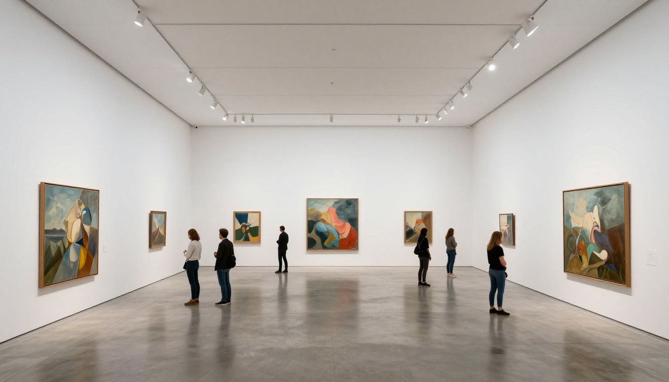 An aerial view of a contemporary white cube art gallery interior with visitors contemplating large paintings on white walls