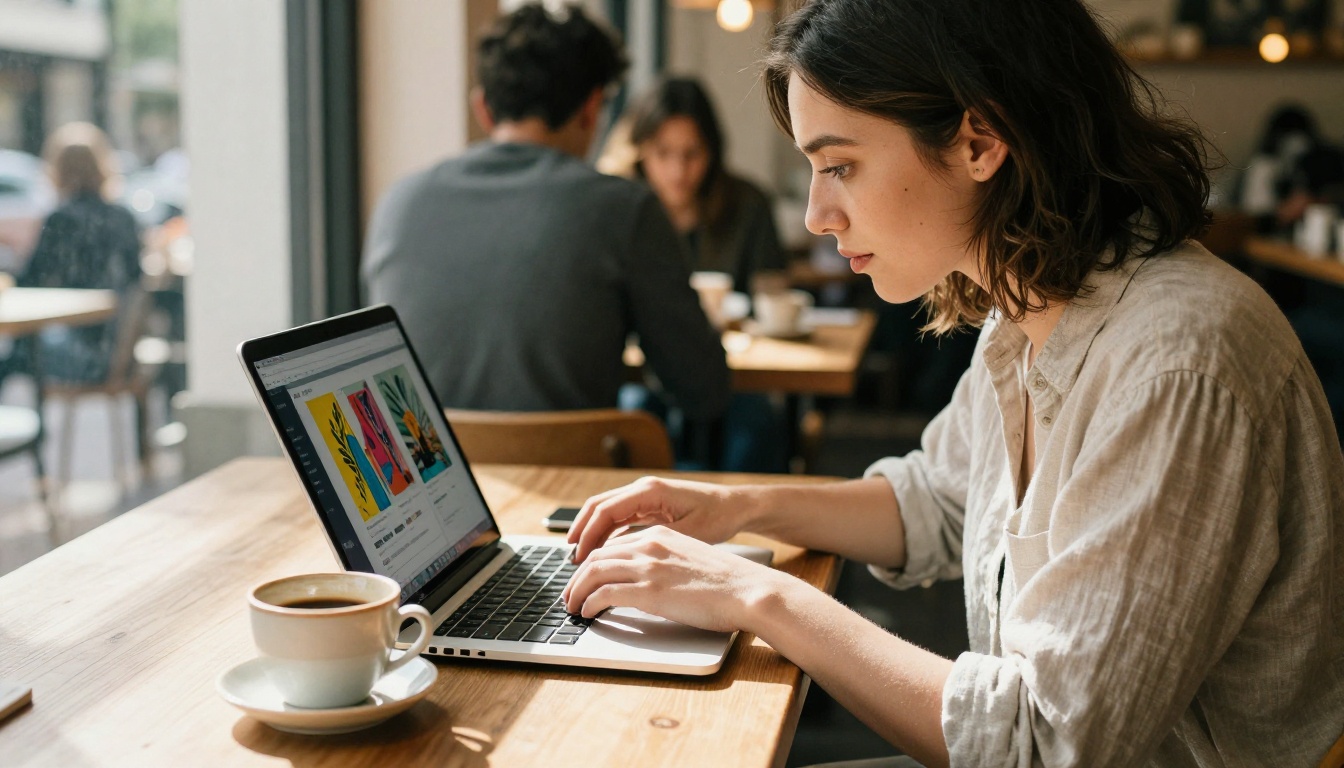A young female artist uploading portfolio images on a slim silver laptop at a sunlit wooden café table