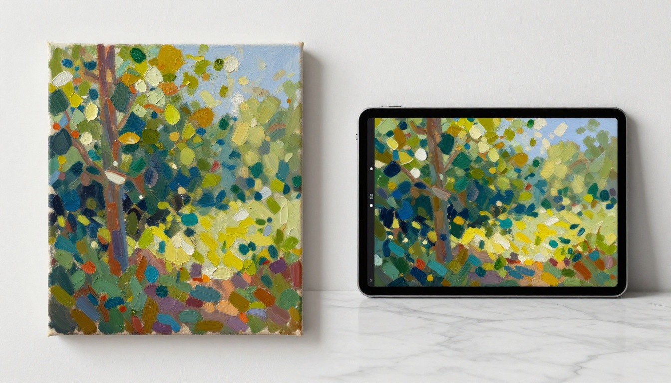 A large vibrant oil painting on canvas displayed next to the same artwork on a sleek iPad Pro on a white marble surface