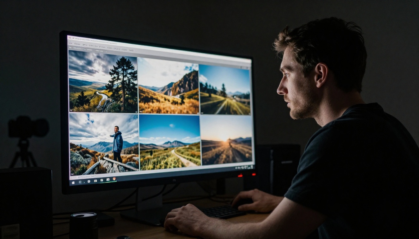 A male photographer reviewing his photography portfolio on a large 27-inch monitor in a dark photo studio with Rembrandt lighting