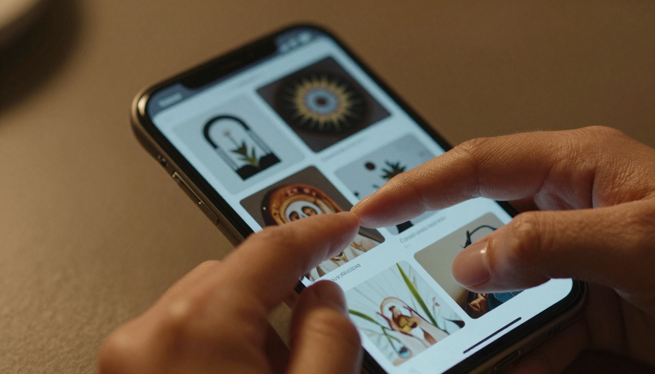 A woman's hands scrolling through an interactive online art portfolio on a modern smartphone with warm golden evening light A woman's hands scrolling through an interactive online art portfolio on a modern smartphone with warm golden evening light