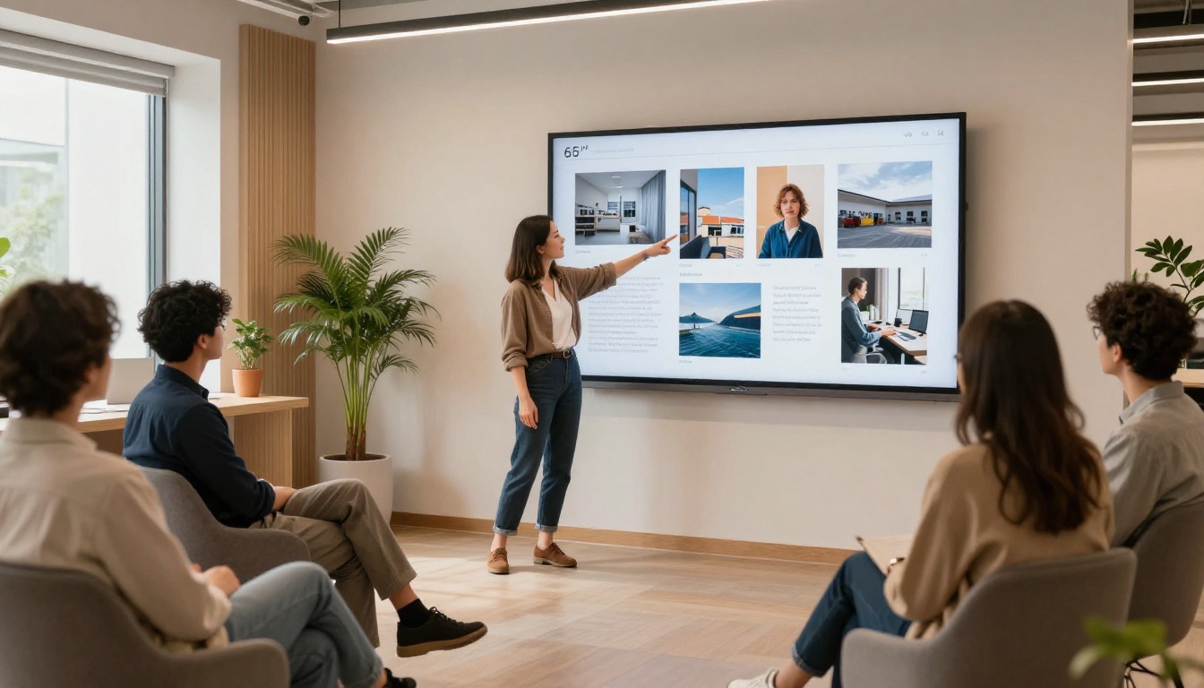 A creative professional presenting her digital art portfolio on a large 65-inch wall-mounted screen to colleagues in a modern Scandinavian office A creative professional presenting her digital art portfolio on a large 65-inch wall-mounted screen to colleagues in a modern Scandinavian office