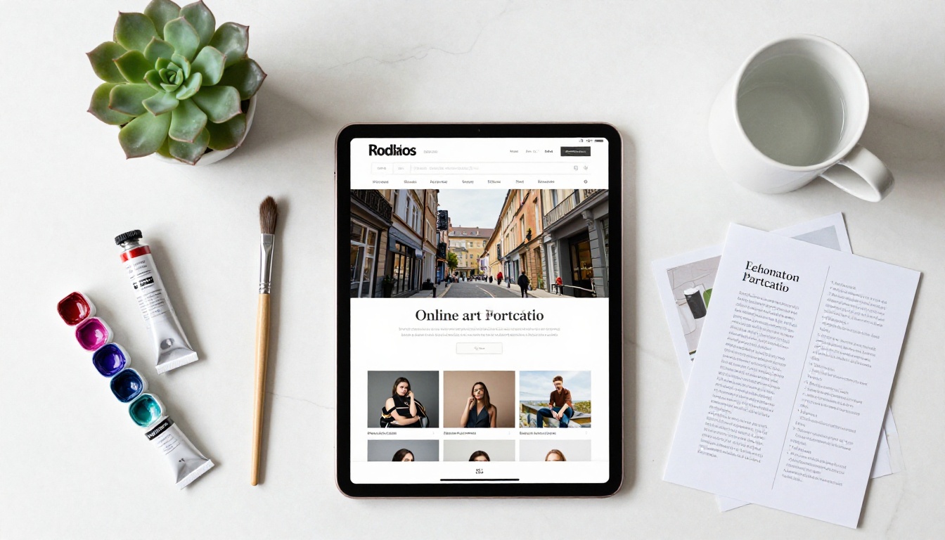 An overhead flat-lay of art supplies, printed portfolio pages, and a rose gold iPad displaying a beautifully designed online portfolio on white marble An overhead flat-lay of art supplies, printed portfolio pages, and a rose gold iPad displaying a beautifully designed online portfolio on white marble