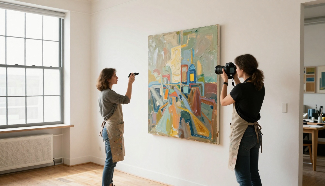 A female artist in her studio photographing a large acrylic painting on a white wall using a professional DSLR camera on tripod with soft north-facing natural light A female artist in her studio photographing a large acrylic painting on a white wall using a professional DSLR camera on tripod with soft north-facing natural light