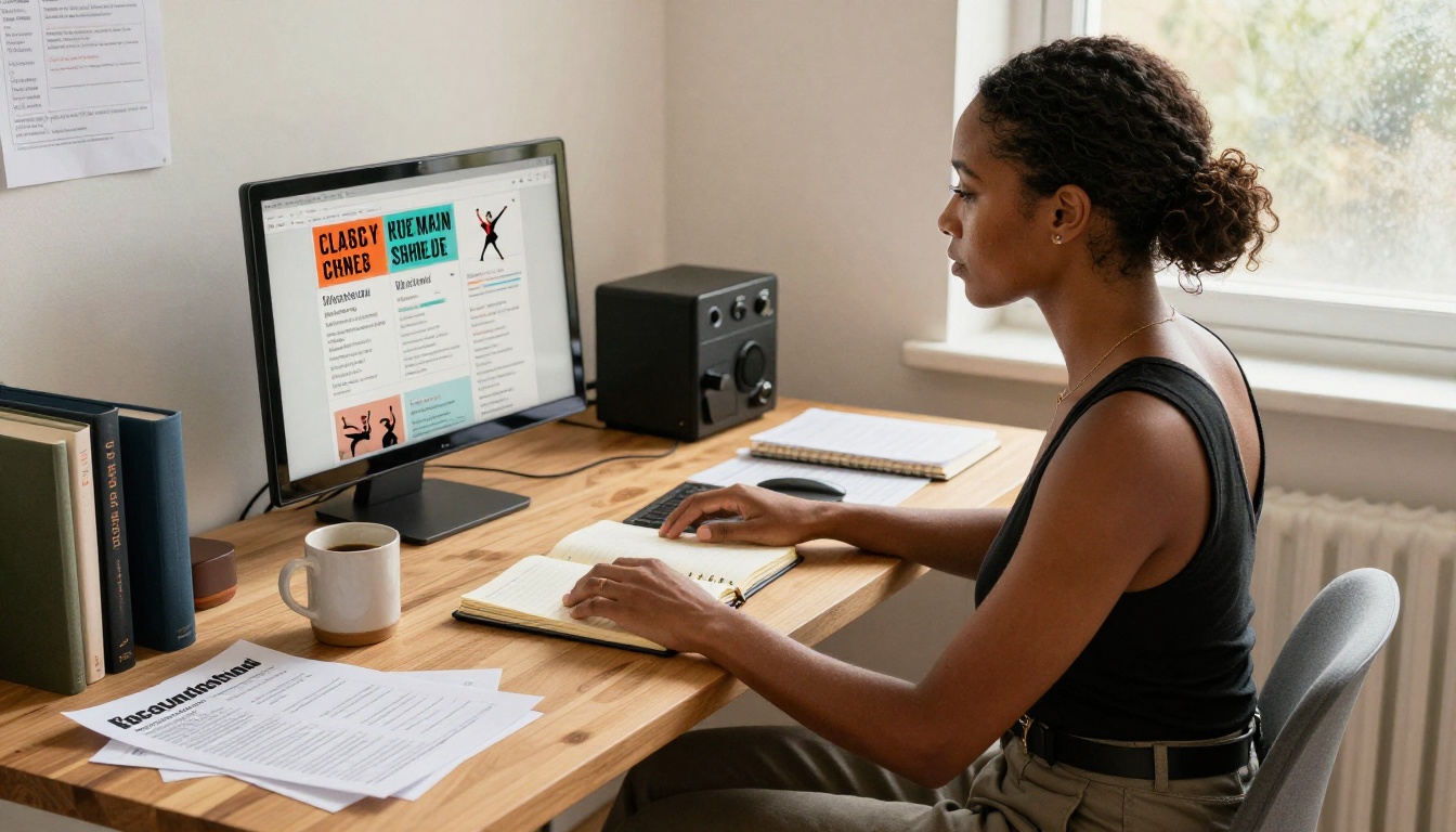Dance studio owner designing class schedule PDF on laptop Dance studio owner designing class schedule PDF on laptop