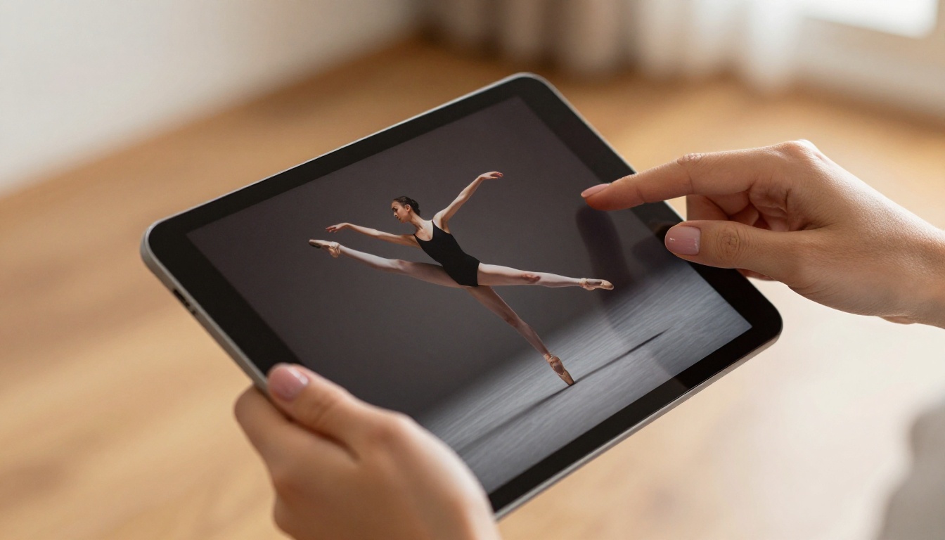 Close-up of hands holding tablet showing digital flipbook with dance imagery Close-up of hands holding tablet showing digital flipbook with dance imagery