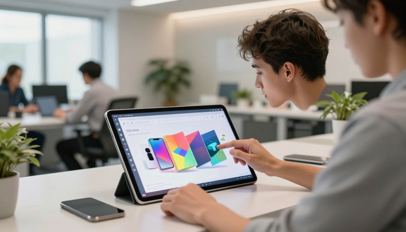 Marketing professional swiping through interactive flipbook on iPad