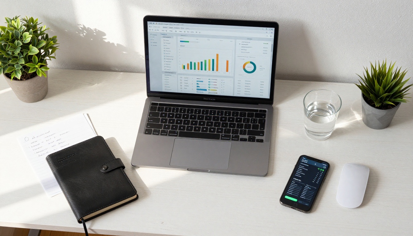 Aerial flat-lay workspace with MacBook showing analytics dashboard and notebook