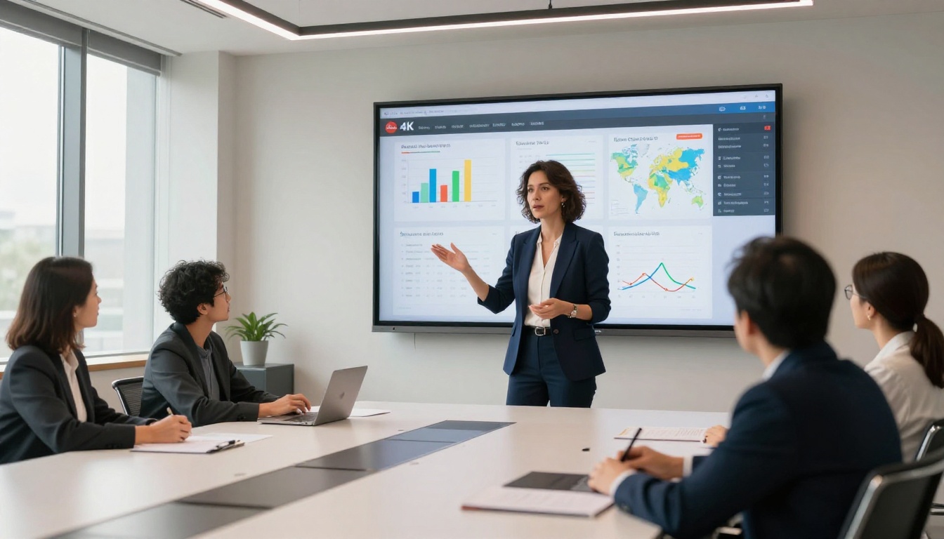 Businesswoman presenting flipbook analytics data on large conference room display