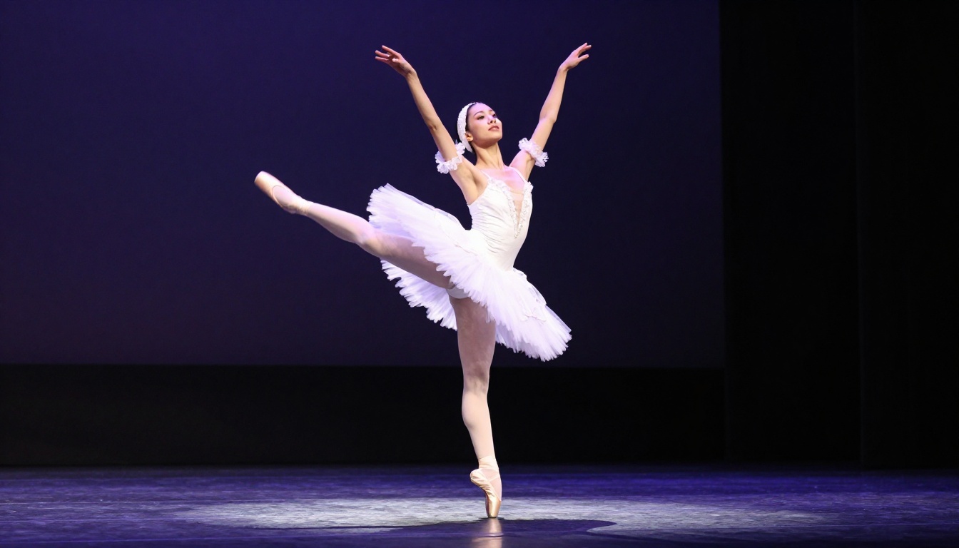 Professional ballet dancer executing a grand jete leap on stage under dramatic spotlights Professional ballet dancer executing a grand jete leap on stage under dramatic spotlights